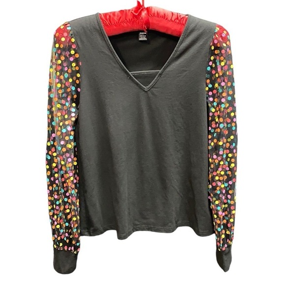 SHEIN Tops - Shein Top Womens XL Black V Neck Colorful Polka Dot Sleeve Blouse
